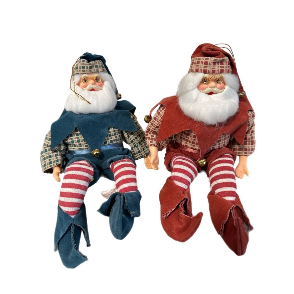 Santa Claus Elf Posable Shelf Sitter Ornaments Lot of 2 11” (flat) Vintage
